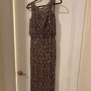 BEADED CHAMPAGNE AIDAN MATTOX GOWN IN SIZE 4 (worn once in perfect condition!)